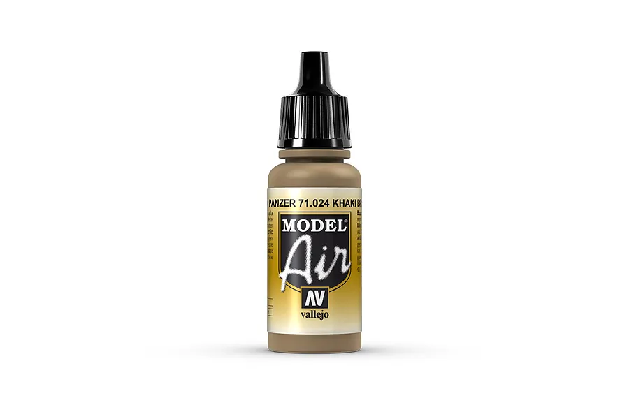 A 17ml bottle of Vallejo Model Air Khaki Brown acrylic paint with a black dropper cap, standing against a white background.