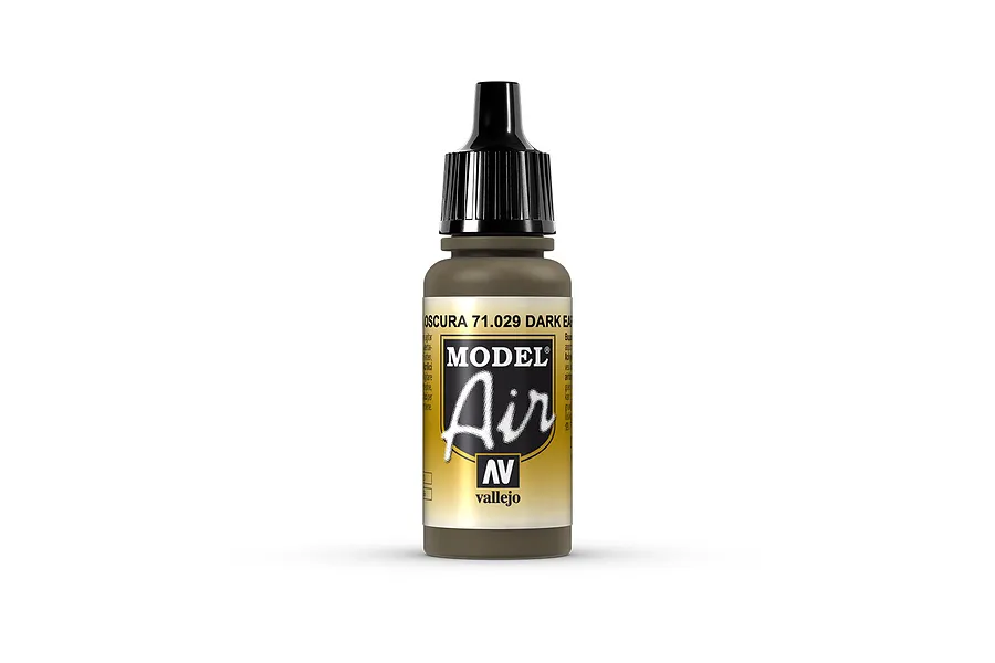 A 17ml bottle of Vallejo Model Air Dark Earth acrylic paint with a black dropper cap, centered against a plain white background.