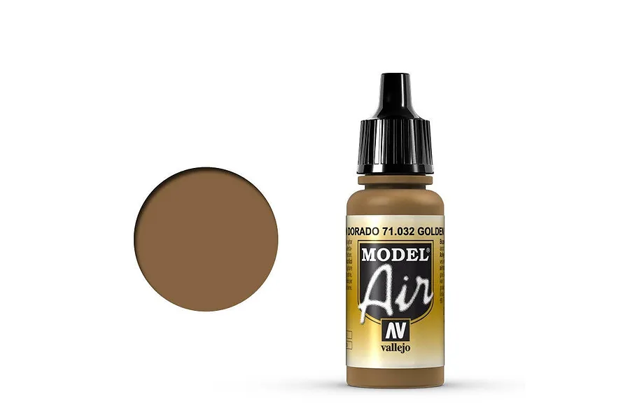 A 17ml bottle of Vallejo Model Air Golden Brown acrylic paint with a black dropper cap, shown next to a circular swatch of the paint colour.
