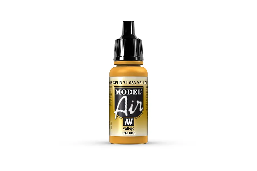 A 17ml bottle of Vallejo Model Air Yellow Ochre acrylic airbrush paint, featuring a black dropper cap and a yellow label with Model Air branding.