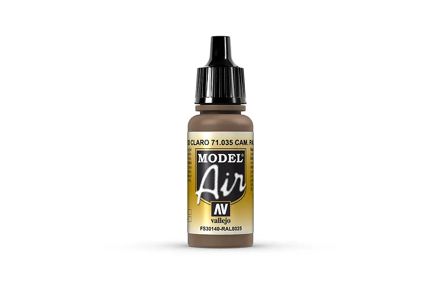 A 17ml bottle of Vallejo Model Air Cam Pale Brown acrylic airbrush paint, featuring a black dropper cap and a label with the product name and code 71.035.
