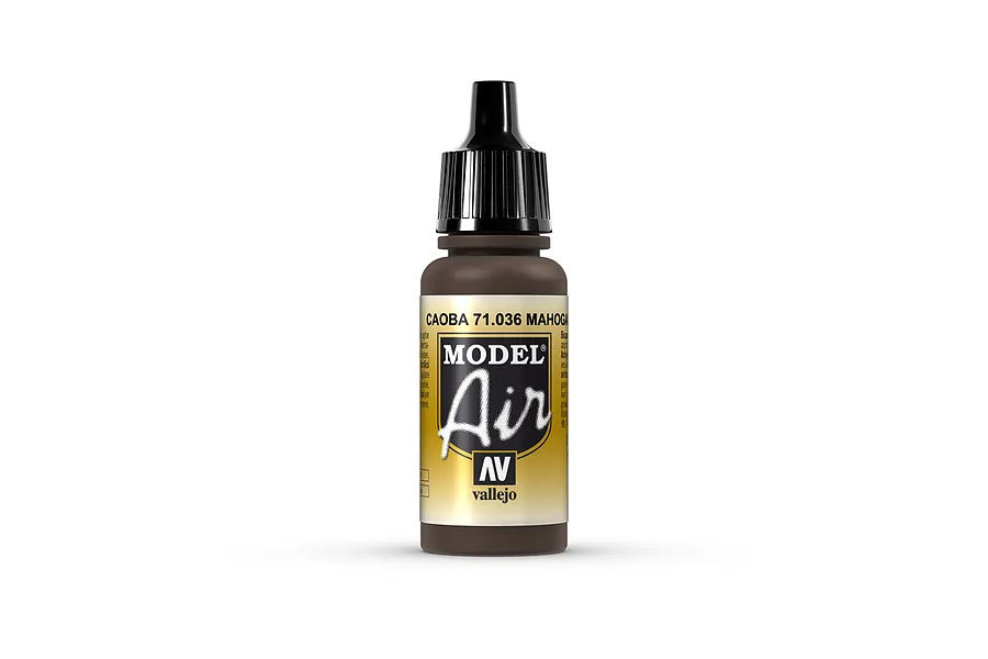 A 17ml bottle of Vallejo Model Air Mahogany acrylic airbrush paint with a black dropper cap, centered against a white background.