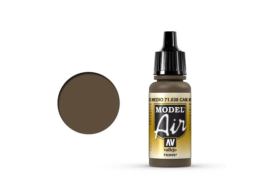 A 17ml bottle of Vallejo Model Air Cam Medium Brown acrylic airbrush paint, showing the label and a brown color swatch.