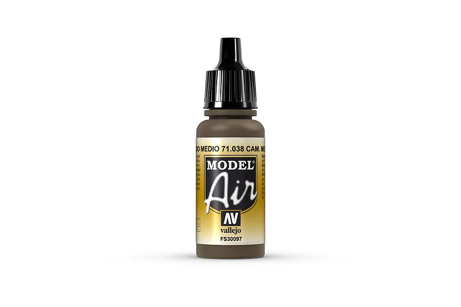 A 17ml bottle of Vallejo Model Air Cam Medium Brown acrylic airbrush paint, featuring a black dropper cap and a label with the product name and FS30097 code.