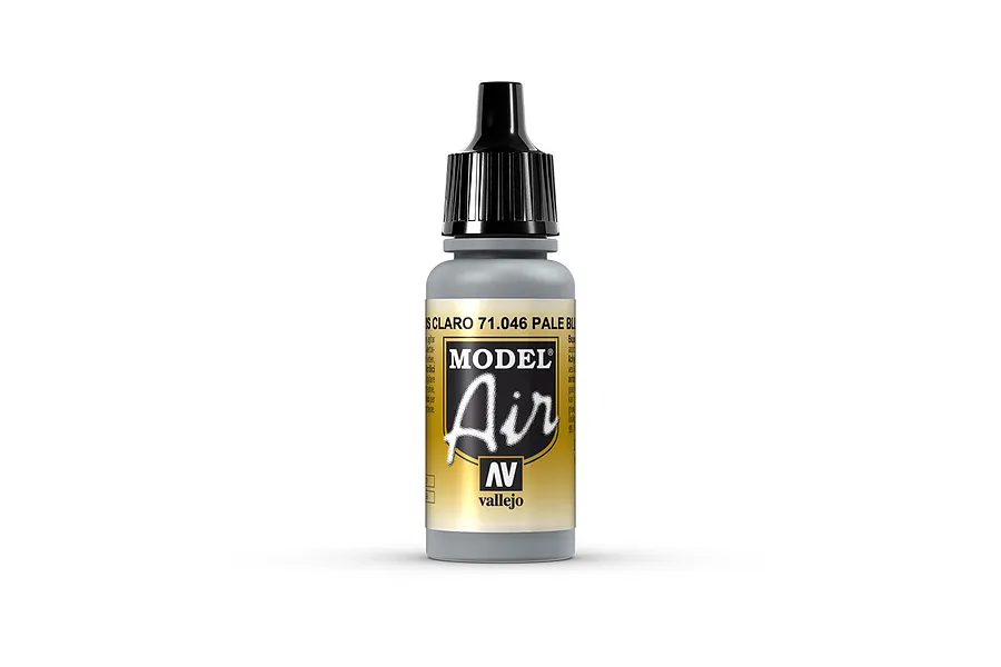A 17ml bottle of Vallejo Model Air Pale Blue Gray acrylic airbrush paint, showing the label and black dropper cap against a white background.