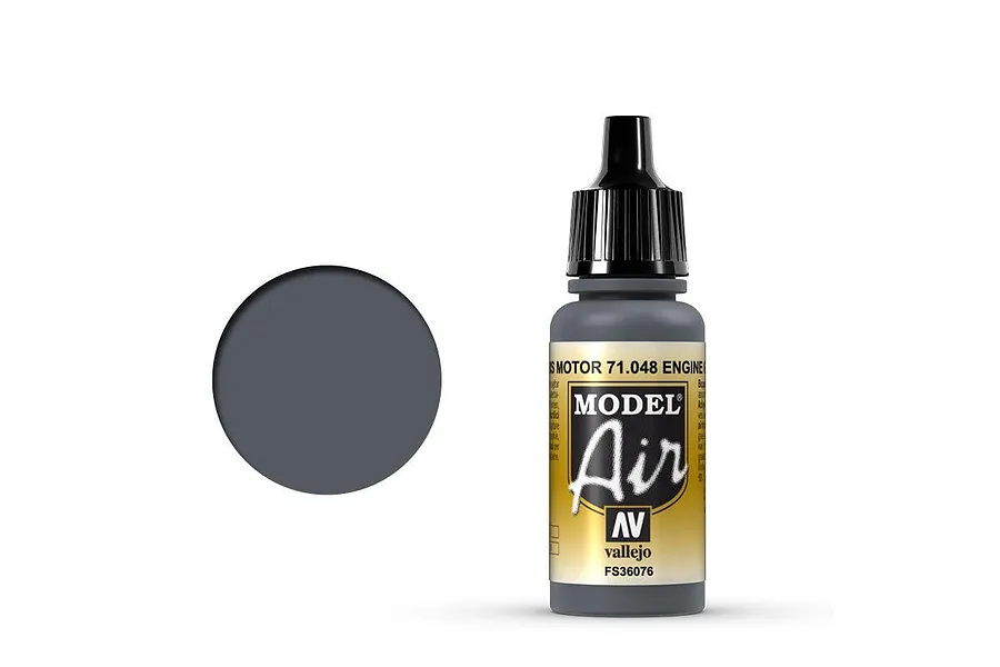 A 17ml bottle of Vallejo Model Air Engine Grey acrylic paint with a black dropper cap and a yellow and black label.