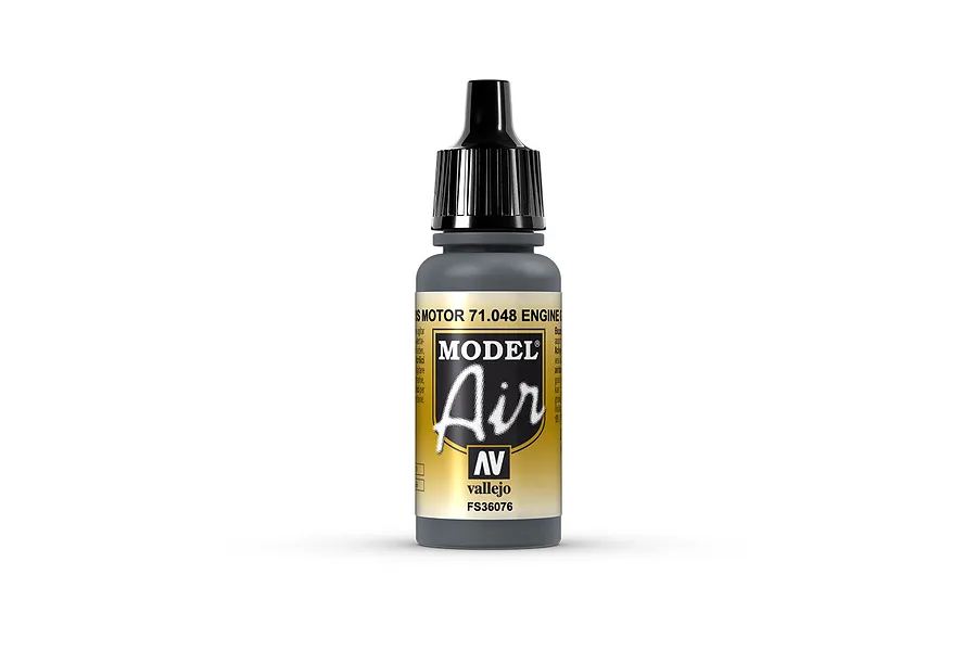 A 17ml bottle of Vallejo Model Air Engine Grey acrylic airbrush paint, featuring a black dropper cap and a label with the Model Air logo.