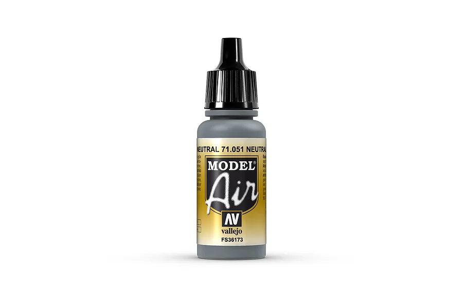 A 17ml bottle of Vallejo Model Air Neutral Grey acrylic airbrush paint, featuring a black dropper cap and a gold and black label.