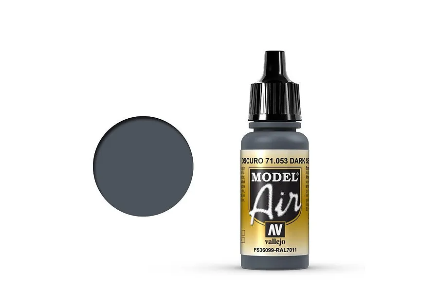 A 17ml bottle of Vallejo Model Air Dark Sea Grey acrylic paint with a black dropper cap and a yellow and black label.