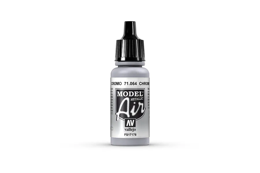 A 17ml bottle of Vallejo Model Air Chrome acrylic airbrush paint, showing the label with product name, SKU 71064, and AV branding.