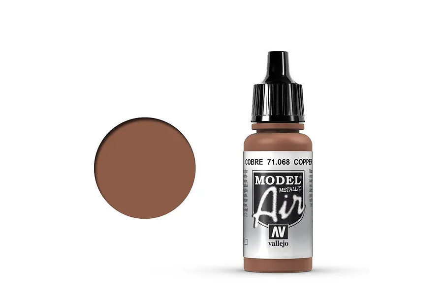 A 17ml bottle of Vallejo Model Air Copper acrylic paint with a black dropper cap, shown next to a copper-colored circular paint swatch.
