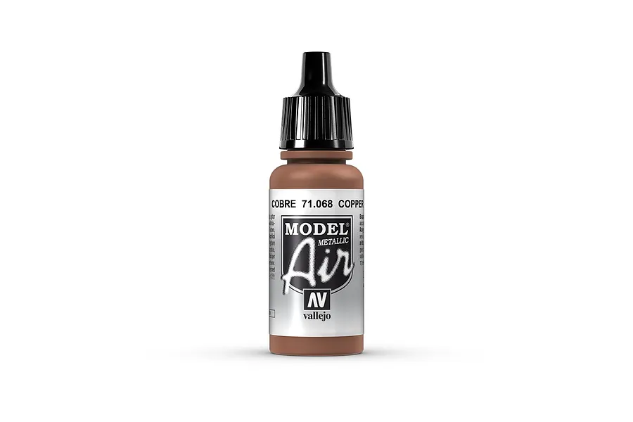 A 17ml bottle of Vallejo Model Air Copper acrylic airbrush paint, featuring a black dropper cap and a white label with black text.