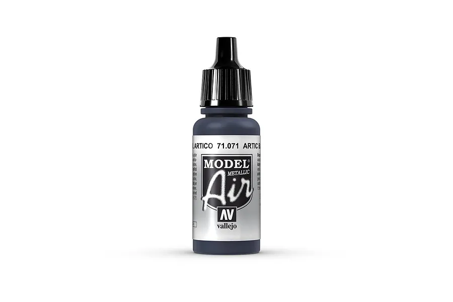 A 17ml bottle of Vallejo Model Air Artic Blue metallic airbrush paint, showing the label with product code 71.071.