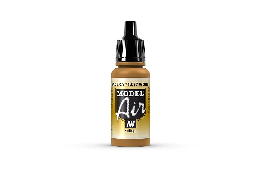 A 17ml bottle of Vallejo Model Air Wood acrylic paint, showing the brown paint color and black dropper cap against a white background.
