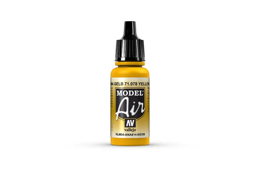 A 17ml bottle of Vallejo Model Air RLM04 Yellow acrylic airbrush paint with a black dropper cap, standing against a white background.