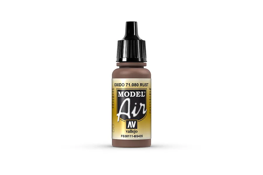A 17ml bottle of Vallejo Model Air Rust acrylic paint with a black dropper cap, centered against a plain white background.