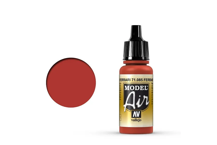 A 17ml bottle of Vallejo Model Air Ferrari Red acrylic airbrush paint, shown with a red color swatch next to it.