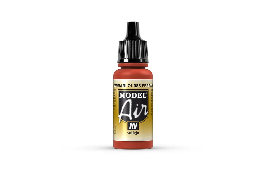 A 17ml bottle of Vallejo Model Air Ferrari Red acrylic paint, featuring a black dropper cap and a label with the Model Air logo.