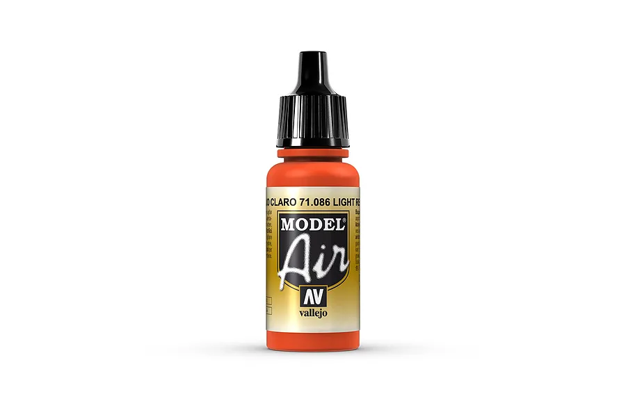 A 17ml bottle of Vallejo Model Air Light Red acrylic airbrush paint, featuring a black dropper cap and a label with the Model Air logo.
