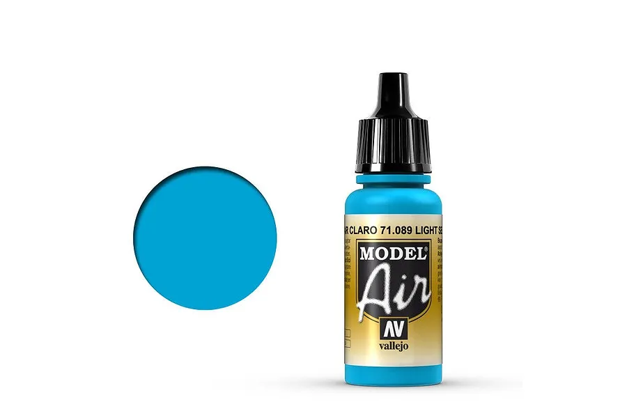 A 17ml bottle of Vallejo Model Air Light Sea Blue acrylic paint with a black dropper cap, shown next to a blue paint swatch circle.