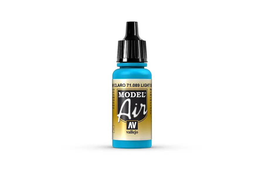 A 17ml bottle of Vallejo Model Air Light Sea Blue acrylic airbrush paint with a black dropper cap, centered against a plain white background.