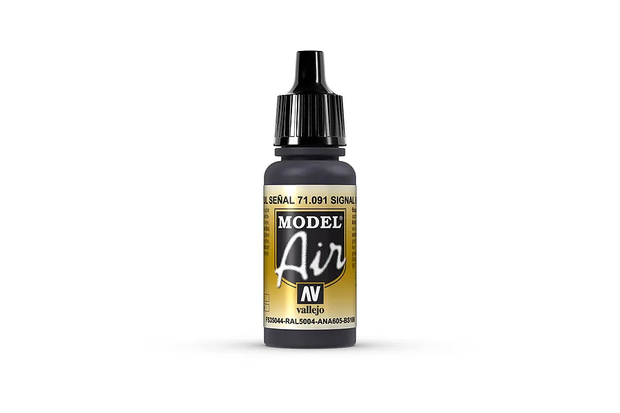 A 17ml bottle of Vallejo Model Air Signal Blue acrylic airbrush paint, featuring a black dropper cap and a gold and black label.