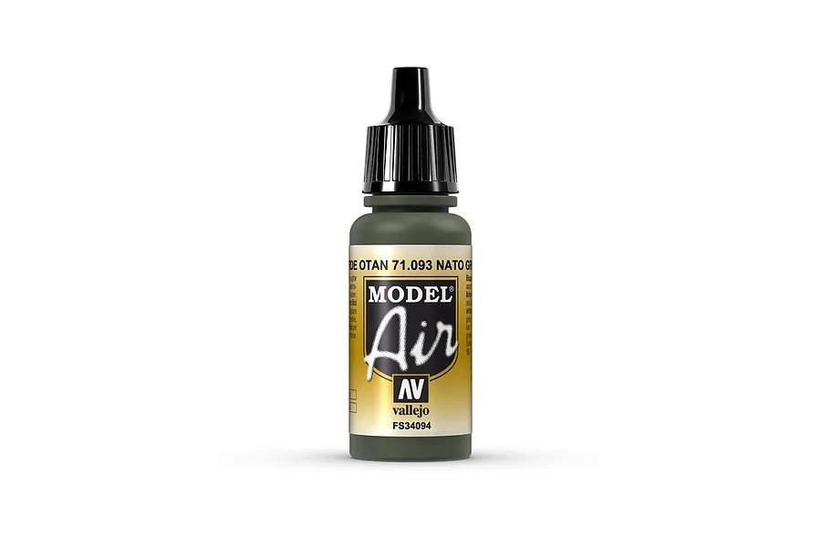 A 17ml bottle of Vallejo Model Air NATO Green acrylic airbrush paint, featuring a black dropper cap and a label with the product name and code 71.093.