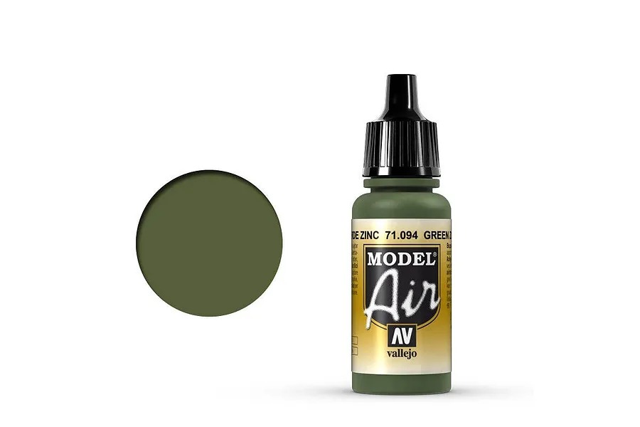 A 17ml bottle of Vallejo Model Air Green Zinc Chromate acrylic paint with a black dropper cap, shown next to a green paint swatch.