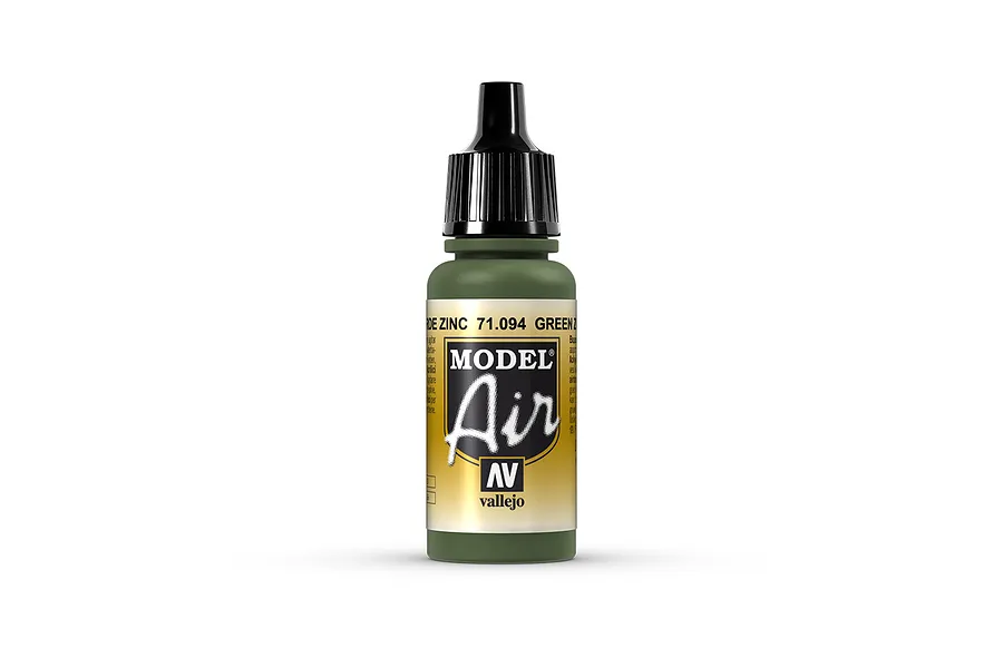 A 17ml bottle of Vallejo Model Air Green Zinc Chromate acrylic airbrush paint, featuring a black dropper cap and a label with the Model Air logo.