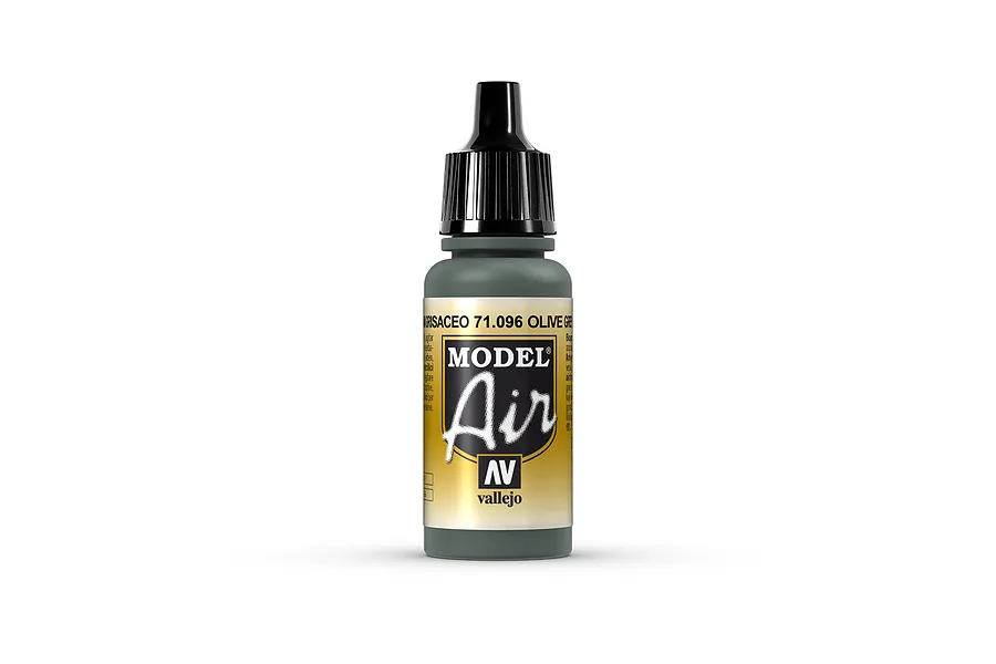 A 17ml bottle of Vallejo Model Air Panzer Olive acrylic paint with a black dropper cap, centered against a white background.