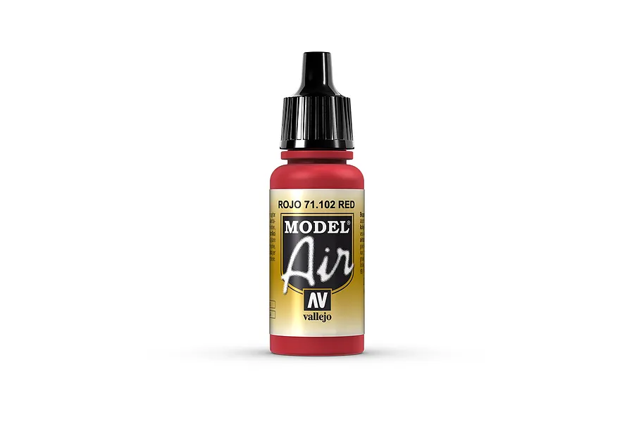 A 17ml bottle of Vallejo Model Air Red acrylic paint, featuring a black dropper cap and a label with the product name and code 71.102.