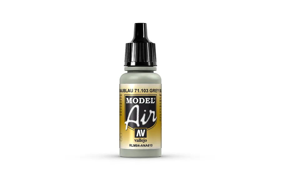 A 17ml bottle of Vallejo Model Air Grey Blue RLM84 acrylic airbrush paint with a black dropper cap, centered against a white background.