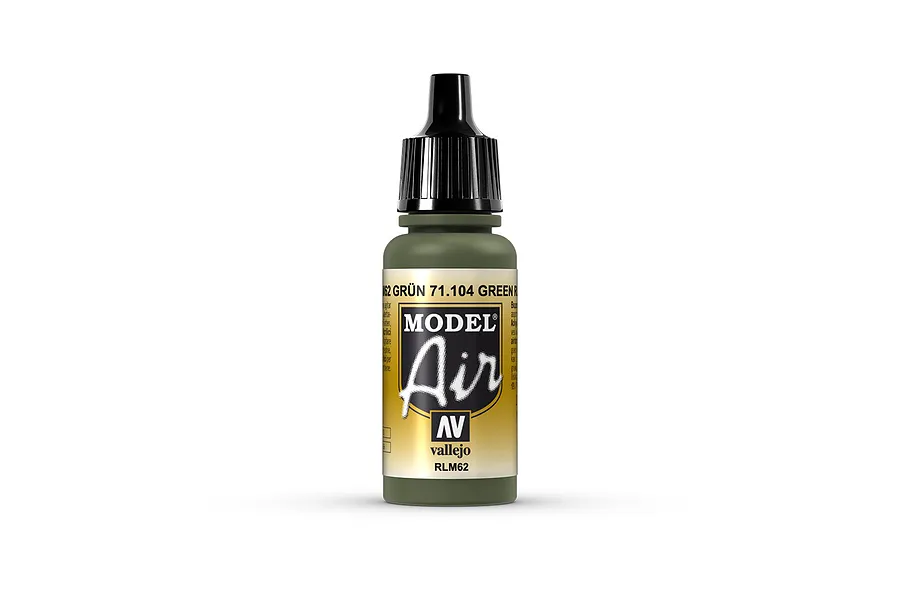 A 17ml bottle of Vallejo Model Air RLM62 Green acrylic airbrush paint, featuring a black dropper cap and a label with the Model Air logo.