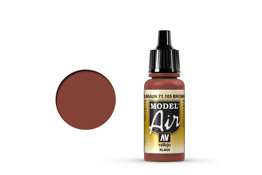 Vallejo Model Air Brown RLM26 acrylic airbrush paint in a 17ml dropper bottle with a color swatch circle to the left.