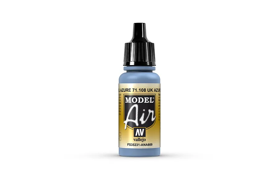 A 17ml bottle of Vallejo Model Air UK Azure Blue acrylic airbrush paint, featuring a black dropper cap and a label with the Model Air logo.