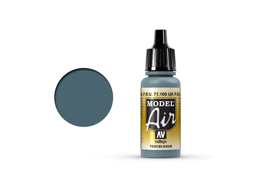 A 17ml bottle of Vallejo Model Air UK PRU Blue acrylic paint with a black dropper cap and a circular color swatch to the left.