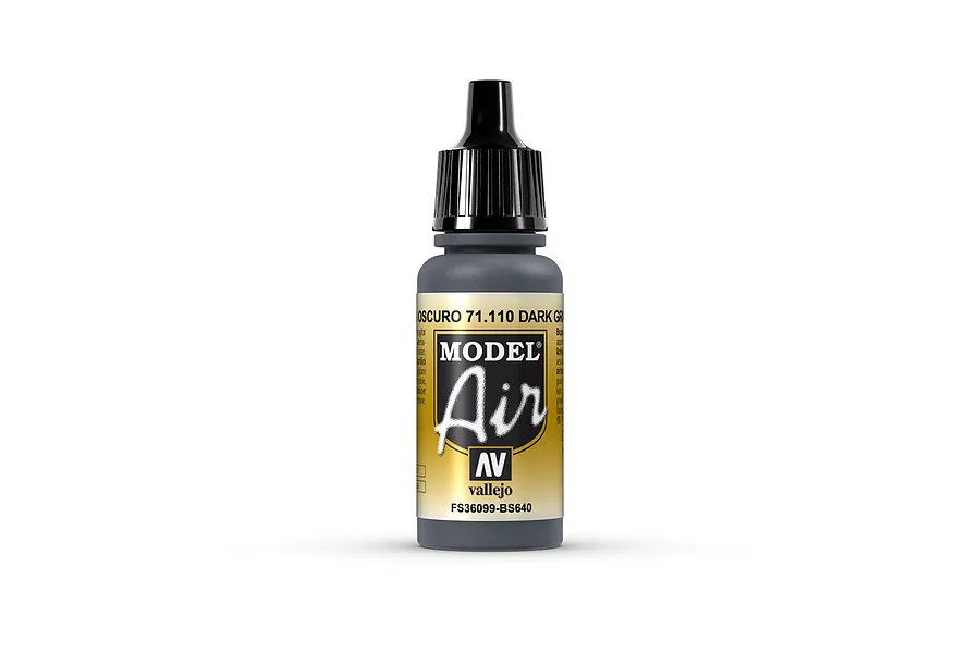 A 17ml bottle of Vallejo Model Air US Dark Grey acrylic airbrush paint, featuring a black dropper cap and a gold and black label.
