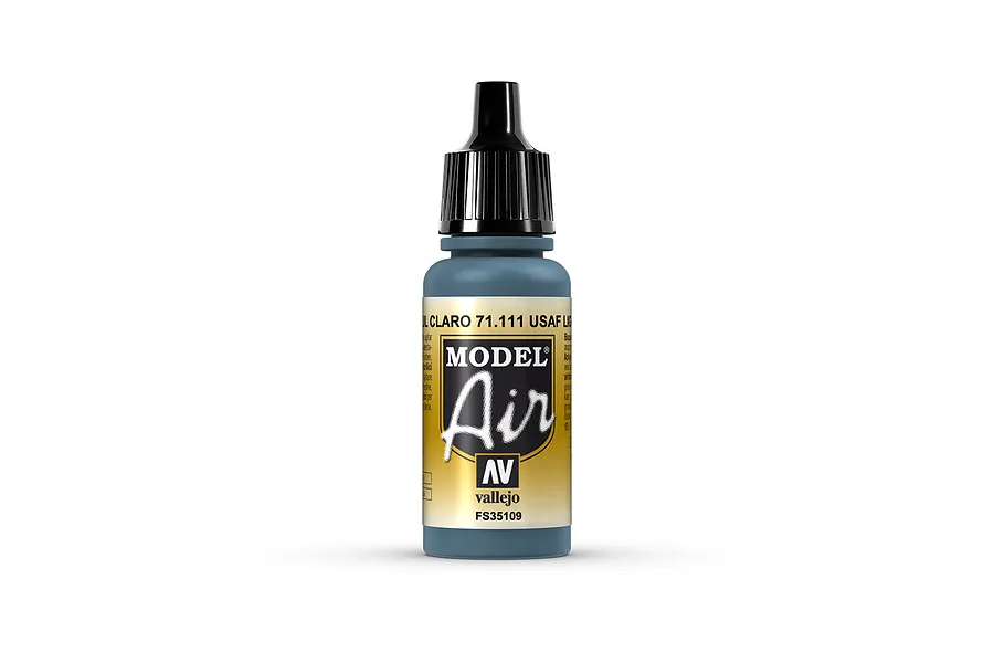 A 17ml bottle of Vallejo Model Air USAF Light Blue acrylic airbrush paint, featuring a black dropper cap and a label with the Model Air logo.