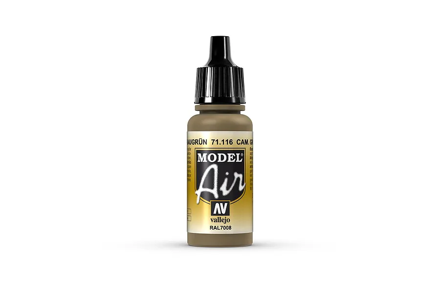 A 17ml bottle of Vallejo Model Air Cam Grey Green acrylic airbrush paint, featuring a black dropper cap and a label with the product name and RAL7008 code.