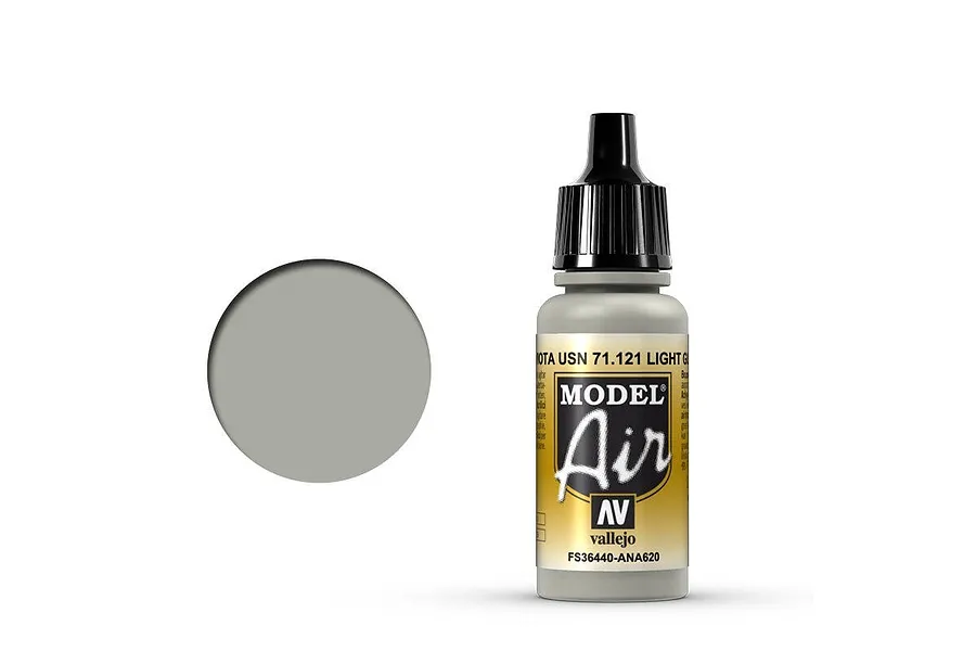 A 17ml bottle of Vallejo Model Air Light Gull Grey acrylic paint with a black dropper cap, shown next to a grey color swatch.