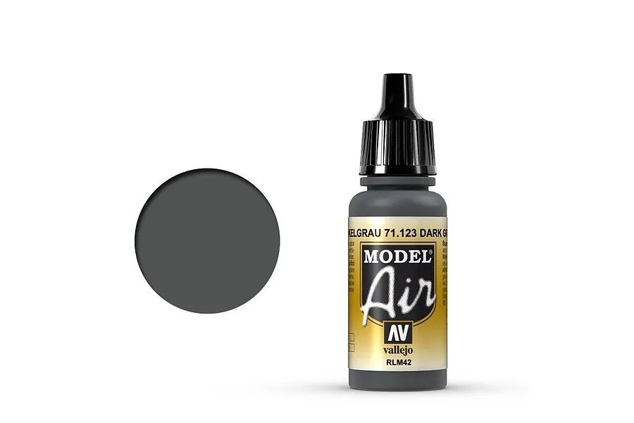 Vallejo Model Air Dark Grey RLM42 acrylic airbrush paint in a 17ml dropper bottle with a black cap, shown next to a dark grey color swatch.