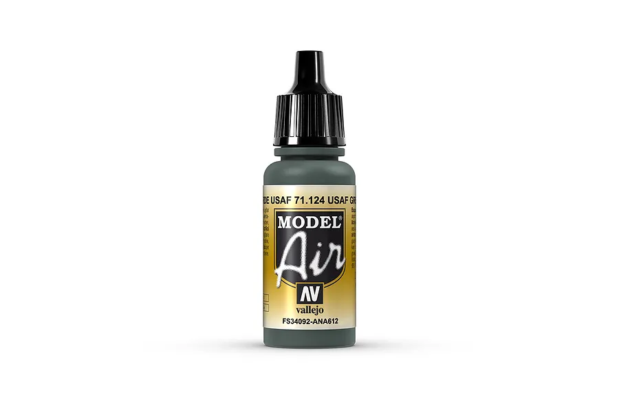 A 17ml bottle of Vallejo Model Air USAF Green acrylic airbrush paint, showing the label with product code 71.124 and FS34092-ANA612.