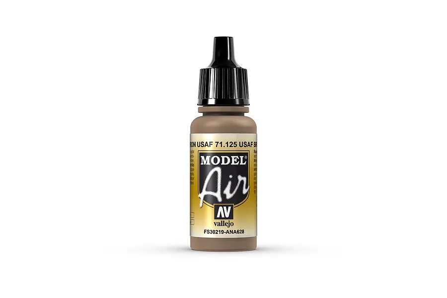 A 17ml bottle of Vallejo Model Air USAF Brown acrylic airbrush paint, featuring a black dropper cap and a label with the product name and code 71.125.