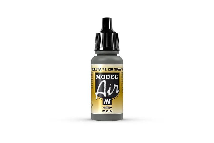 A 17ml bottle of Vallejo Model Air Grey Violet acrylic airbrush paint, featuring a black dropper cap and a label with the Model Air logo.
