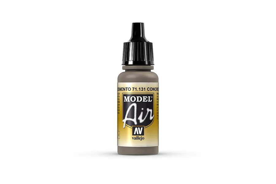 A 17ml bottle of Vallejo Model Air Concrete acrylic paint with a black dropper cap, centered against a plain white background.