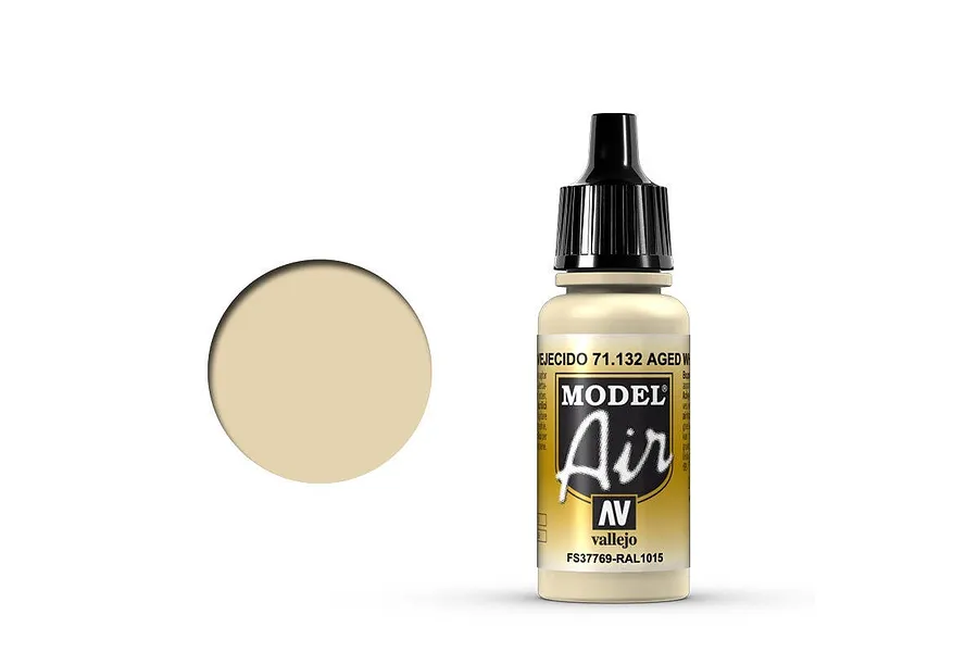 A 17ml bottle of Vallejo Model Air Aged White acrylic airbrush paint with a black dropper cap, shown next to a circular color swatch.