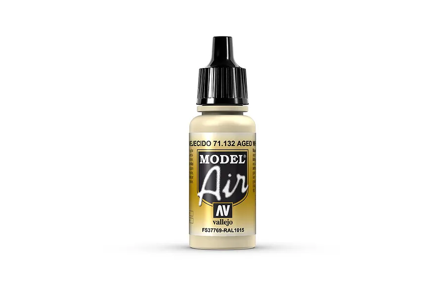A 17ml bottle of Vallejo Model Air Aged White acrylic airbrush paint, featuring a black dropper cap and a label with the product name and code 71.132.