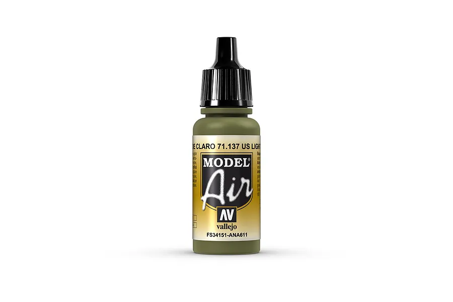 A 17ml bottle of Vallejo Model Air US Light Green acrylic airbrush paint, featuring a black dropper cap and a label with gold and black branding.