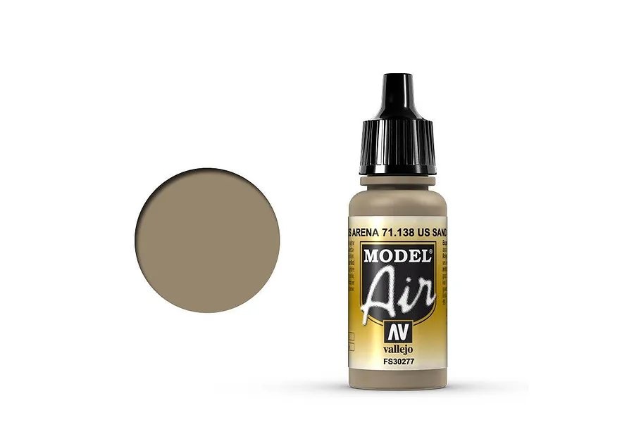 A 17ml bottle of Vallejo Model Air US Sand acrylic paint with a black dropper cap, shown next to a circular swatch of the paint colour.