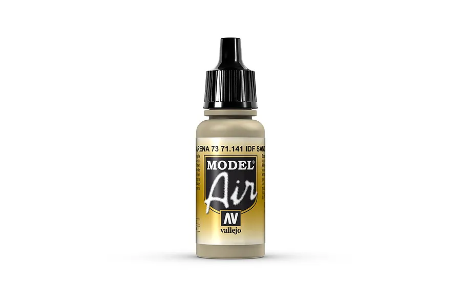 A 17ml bottle of Vallejo Model Air IDF Sand Grey 73 acrylic paint with a black dropper cap, centered on a white background.